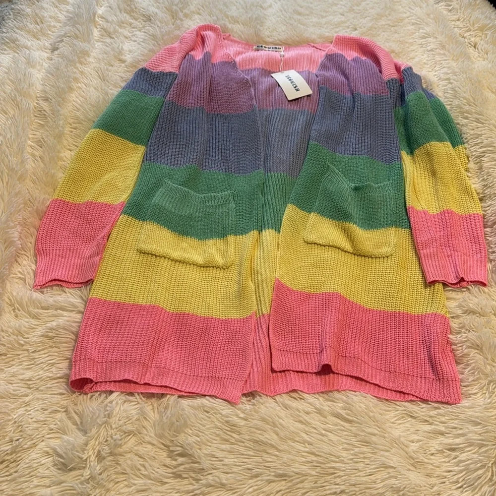 ECOWISH Rainbow 🌈 Block Striped Draped Open Front Cardigan L NWT - Picture 7 of 16